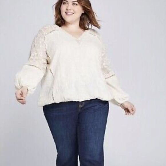 Lane Bryant Cream Color Mixed Media Long Balloon Sleeves Top Blouse Size 22/24 - Picture 1 of 10